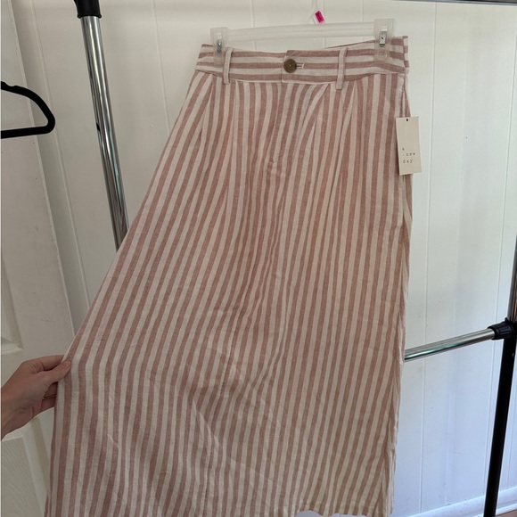 Striped Pink and White Linen Midi Women's Skirt - Picture 4 of 7